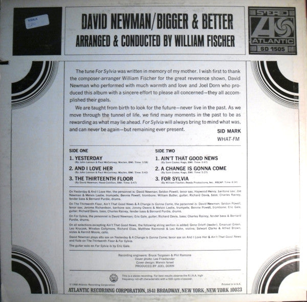David Newman* : Bigger & Better (LP, Album, RP, PR )