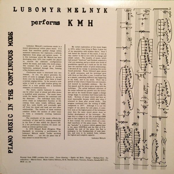 Lubomyr Melnyk : Lubomyr Melnyk Performs KMH (LP)