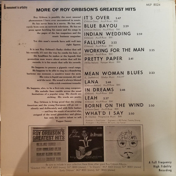 Roy Orbison : More Of Roy Orbison's Greatest Hits (LP, Album, Comp, Mono, Ind)