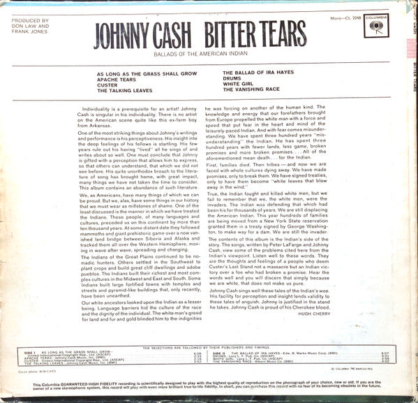 Johnny Cash : Bitter Tears (Ballads Of The American Indian) (LP, Album, Mono)
