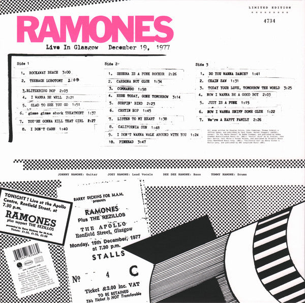 Ramones : Live In Glasgow December 19, 1977 (LP, 180 + LP, S/Sided, Etch, 180 + Album, RSD, Ltd)