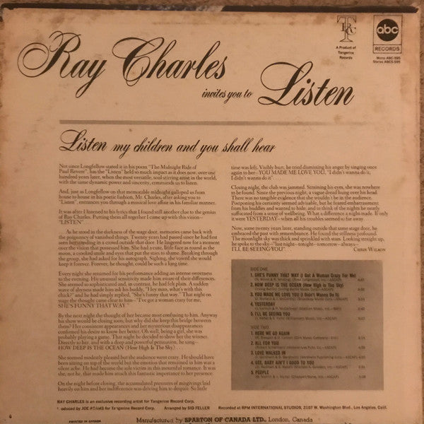 Ray Charles : Invites You To Listen (LP, Album, Mono)
