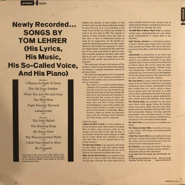 Tom Lehrer : Songs By Tom Lehrer (LP, Album, RE, Jac)