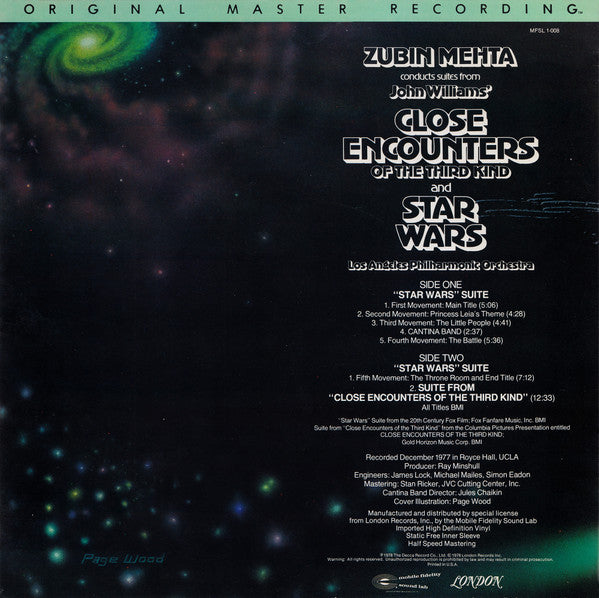 Zubin Mehta Conducts Los Angeles Philharmonic Orchestra : Suites From Star Wars And Close Encounters Of The Third Kind (LP, Album, Ltd, RM)