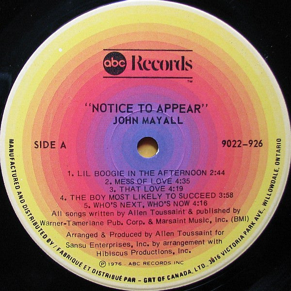 John Mayall : Notice To Appear (LP, Album)