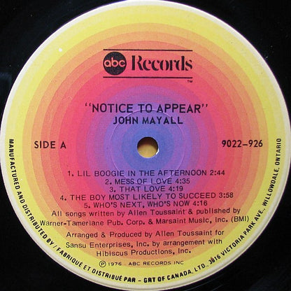 John Mayall : Notice To Appear (LP, Album)