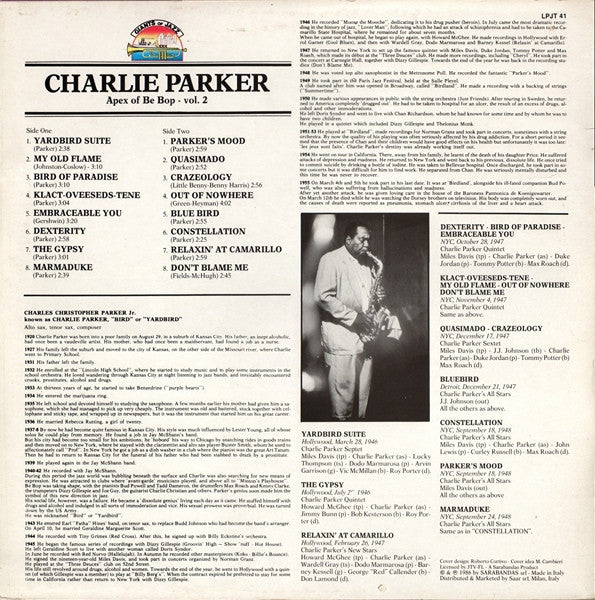 Charlie Parker : Apex Of Be Bop Vol. 2 (LP, Comp)