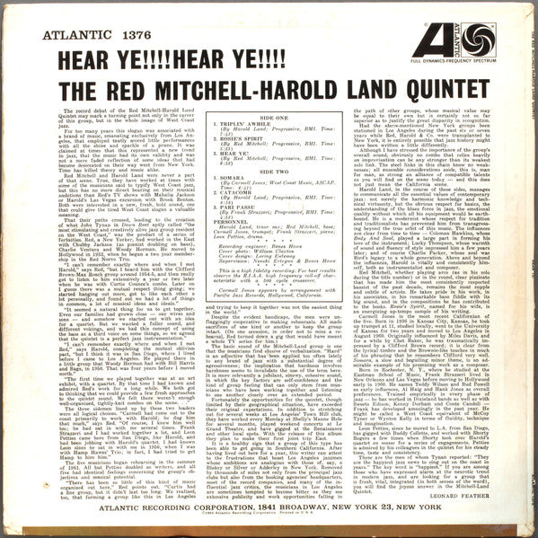 The Red Mitchell - Harold Land Quintet : Hear Ye!!!! Hear Ye!!!! (LP, Album, Mono)
