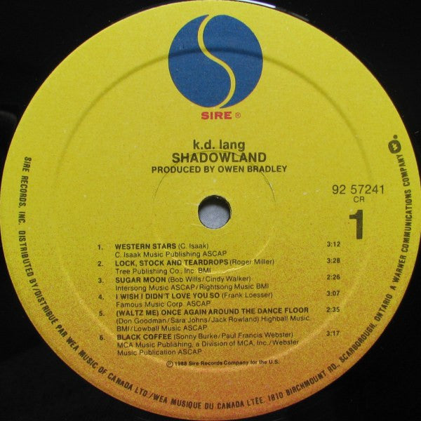 k.d. lang : Shadowland (The Owen Bradley Sessions) (LP, Album)