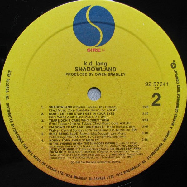 k.d. lang : Shadowland (The Owen Bradley Sessions) (LP, Album)