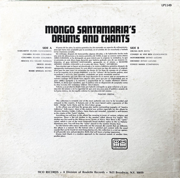 Mongo Santamaria : Mongo Santamaria's Drums And Chants (Authentic Afro-Cuban Rhythms) (LP, Album, Mono, RE)