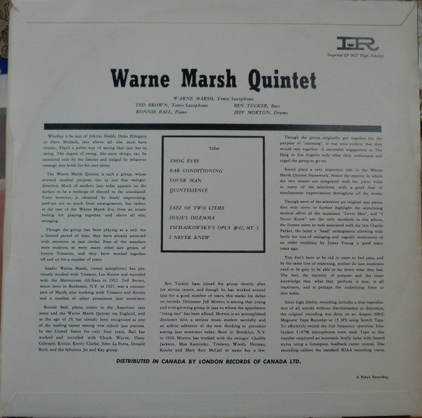 Warne Marsh : Jazz Of Two Cities (LP, Album, Mono)