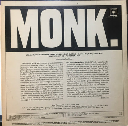 Thelonious Monk : Monk. (LP, Album, Mono)