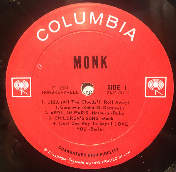 Thelonious Monk : Monk. (LP, Album, Mono)