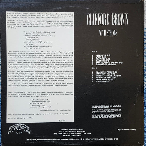 Clifford Brown : Clifford Brown With Strings (LP, Album, Mono, RE)