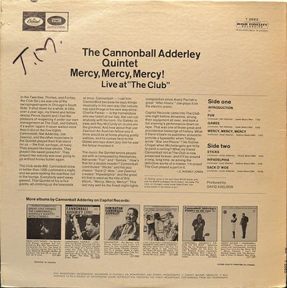 The Cannonball Adderley Quintet : Mercy, Mercy, Mercy! - Live At "The Club" (LP, Album, Mono)