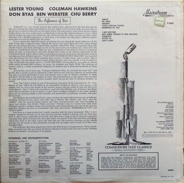 Coleman Hawkins, Lester Young, Ben Webster, Don Byas, Leon "Chu" Berry : The Influence Of Five (LP, Comp)