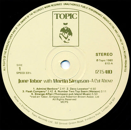 June Tabor With Martin Simpson : A Cut Above (LP, Album, RP)